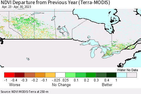 Canada NDVI Departure from Previous Year (Terra-MODIS) Thematic Map For 4/23/2023 - 4/30/2023