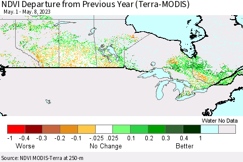 Canada NDVI Departure from Previous Year (Terra-MODIS) Thematic Map For 5/1/2023 - 5/8/2023