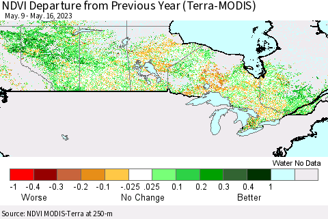 Canada NDVI Departure from Previous Year (Terra-MODIS) Thematic Map For 5/9/2023 - 5/16/2023