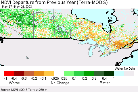 Canada NDVI Departure from Previous Year (Terra-MODIS) Thematic Map For 5/17/2023 - 5/24/2023
