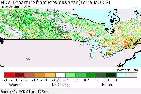 Canada NDVI Departure from Previous Year (Terra-MODIS) Thematic Map For 5/25/2023 - 6/1/2023