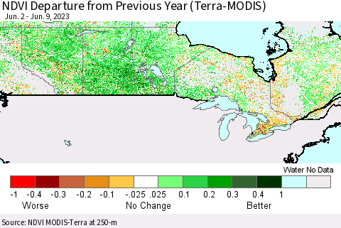 Canada NDVI Departure from Previous Year (Terra-MODIS) Thematic Map For 6/2/2023 - 6/9/2023