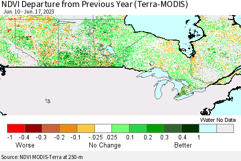 Canada NDVI Departure from Previous Year (Terra-MODIS) Thematic Map For 6/10/2023 - 6/17/2023