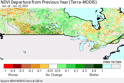 Canada NDVI Departure from Previous Year (Terra-MODIS) Thematic Map For 6/18/2023 - 6/25/2023