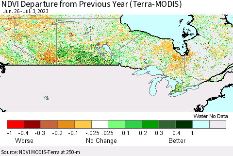 Canada NDVI Departure from Previous Year (Terra-MODIS) Thematic Map For 6/26/2023 - 7/3/2023
