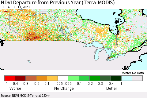 Canada NDVI Departure from Previous Year (Terra-MODIS) Thematic Map For 7/4/2023 - 7/11/2023