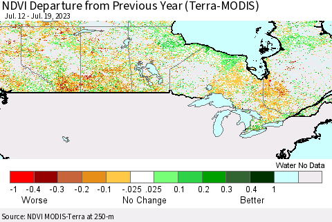 Canada NDVI Departure from Previous Year (Terra-MODIS) Thematic Map For 7/12/2023 - 7/19/2023