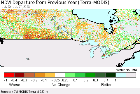 Canada NDVI Departure from Previous Year (Terra-MODIS) Thematic Map For 7/20/2023 - 7/27/2023