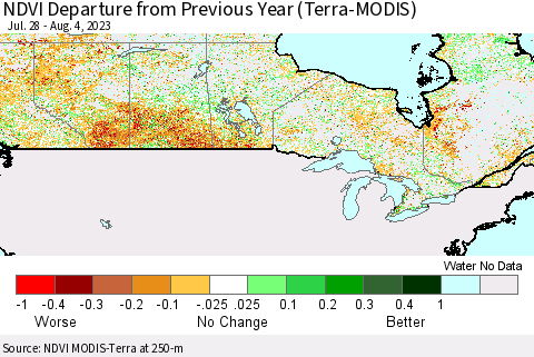 Canada NDVI Departure from Previous Year (Terra-MODIS) Thematic Map For 7/28/2023 - 8/4/2023