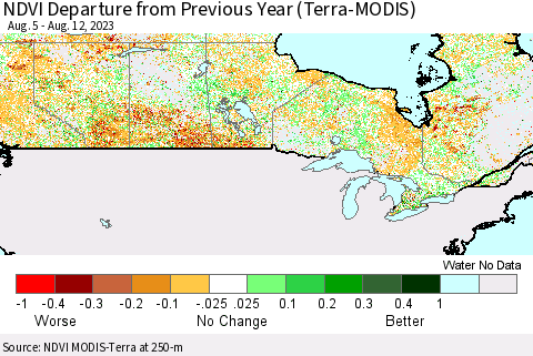 Canada NDVI Departure from Previous Year (Terra-MODIS) Thematic Map For 8/5/2023 - 8/12/2023