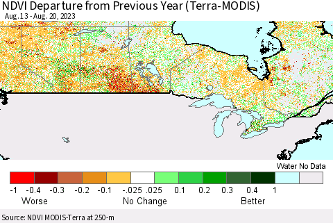 Canada NDVI Departure from Previous Year (Terra-MODIS) Thematic Map For 8/13/2023 - 8/20/2023