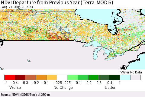 Canada NDVI Departure from Previous Year (Terra-MODIS) Thematic Map For 8/21/2023 - 8/28/2023