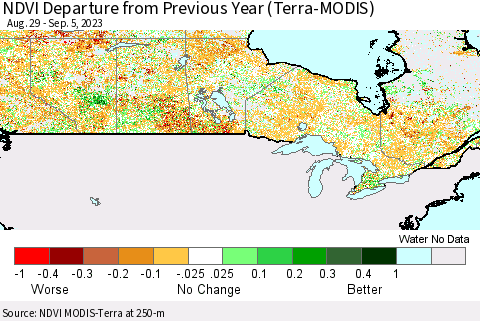 Canada NDVI Departure from Previous Year (Terra-MODIS) Thematic Map For 8/29/2023 - 9/5/2023