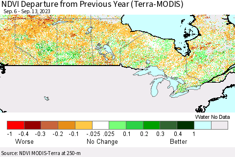 Canada NDVI Departure from Previous Year (Terra-MODIS) Thematic Map For 9/6/2023 - 9/13/2023