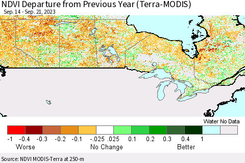 Canada NDVI Departure from Previous Year (Terra-MODIS) Thematic Map For 9/14/2023 - 9/21/2023