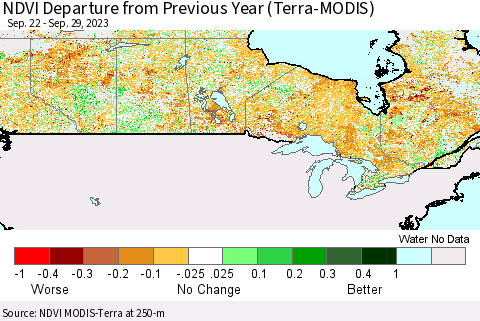 Canada NDVI Departure from Previous Year (Terra-MODIS) Thematic Map For 9/22/2023 - 9/29/2023