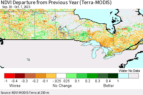 Canada NDVI Departure from Previous Year (Terra-MODIS) Thematic Map For 9/30/2023 - 10/7/2023