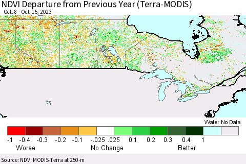 Canada NDVI Departure from Previous Year (Terra-MODIS) Thematic Map For 10/8/2023 - 10/15/2023