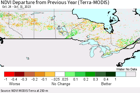 Canada NDVI Departure from Previous Year (Terra-MODIS) Thematic Map For 10/24/2023 - 10/31/2023