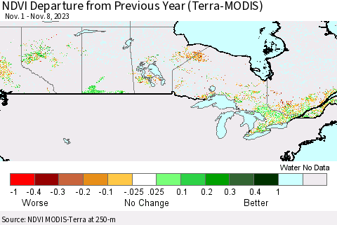 Canada NDVI Departure from Previous Year (Terra-MODIS) Thematic Map For 11/1/2023 - 11/8/2023