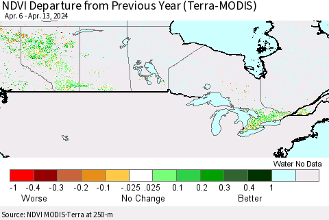 Canada NDVI Departure from Previous Year (Terra-MODIS) Thematic Map For 4/6/2024 - 4/13/2024