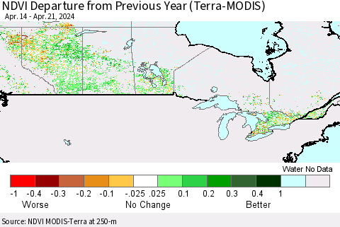 Canada NDVI Departure from Previous Year (Terra-MODIS) Thematic Map For 4/14/2024 - 4/21/2024
