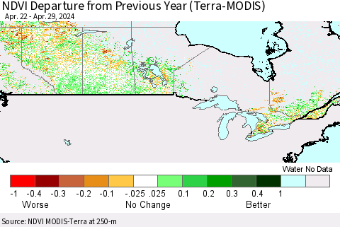 Canada NDVI Departure from Previous Year (Terra-MODIS) Thematic Map For 4/22/2024 - 4/29/2024