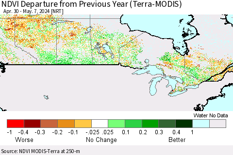 Canada NDVI Departure from Previous Year (Terra-MODIS) Thematic Map For 4/30/2024 - 5/7/2024