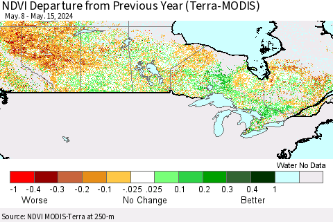 Canada NDVI Departure from Previous Year (Terra-MODIS) Thematic Map For 5/8/2024 - 5/15/2024