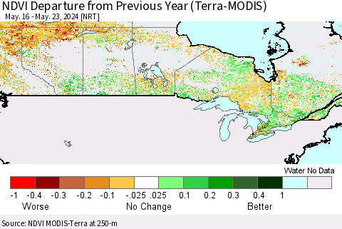 Canada NDVI Departure from Previous Year (Terra-MODIS) Thematic Map For 5/16/2024 - 5/23/2024