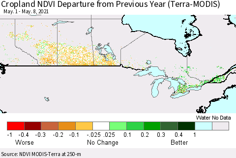 Canada Cropland NDVI Departure from Previous Year (Terra-MODIS) Thematic Map For 5/1/2021 - 5/8/2021