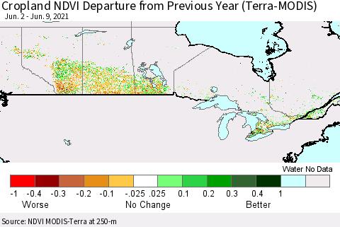 Canada Cropland NDVI Departure from Previous Year (Terra-MODIS) Thematic Map For 6/2/2021 - 6/9/2021
