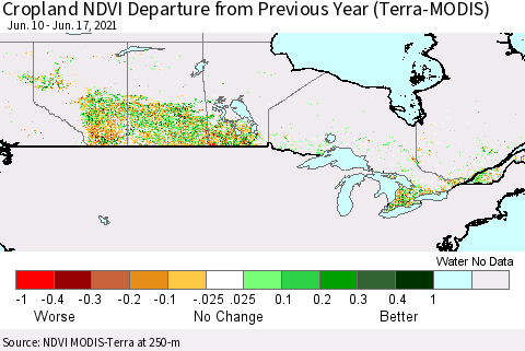 Canada Cropland NDVI Departure from Previous Year (Terra-MODIS) Thematic Map For 6/10/2021 - 6/17/2021