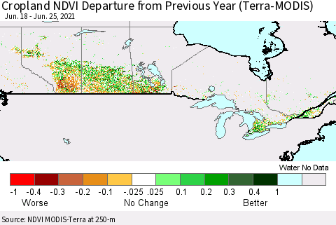 Canada Cropland NDVI Departure from Previous Year (Terra-MODIS) Thematic Map For 6/18/2021 - 6/25/2021