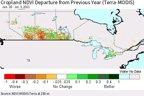 Canada Cropland NDVI Departure from Previous Year (Terra-MODIS) Thematic Map For 6/26/2021 - 7/3/2021