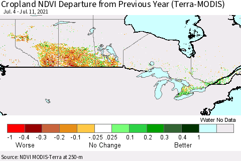 Canada Cropland NDVI Departure from Previous Year (Terra-MODIS) Thematic Map For 7/4/2021 - 7/11/2021