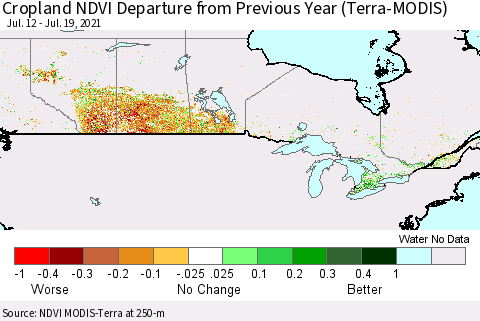 Canada Cropland NDVI Departure from Previous Year (Terra-MODIS) Thematic Map For 7/12/2021 - 7/19/2021