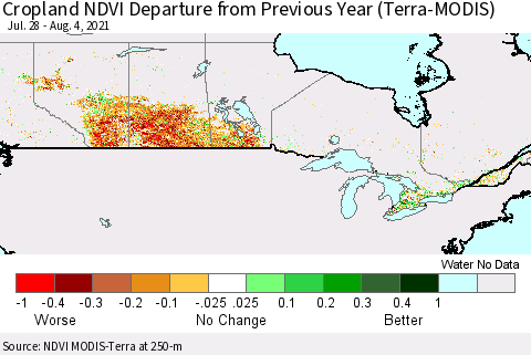 Canada Cropland NDVI Departure from Previous Year (Terra-MODIS) Thematic Map For 7/28/2021 - 8/4/2021