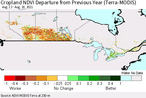 Canada Cropland NDVI Departure from Previous Year (Terra-MODIS) Thematic Map For 8/13/2021 - 8/20/2021