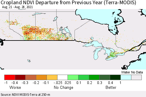 Canada Cropland NDVI Departure from Previous Year (Terra-MODIS) Thematic Map For 8/21/2021 - 8/28/2021