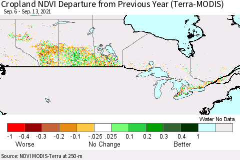 Canada Cropland NDVI Departure from Previous Year (Terra-MODIS) Thematic Map For 9/6/2021 - 9/13/2021