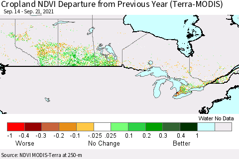 Canada Cropland NDVI Departure from Previous Year (Terra-MODIS) Thematic Map For 9/14/2021 - 9/21/2021