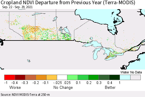 Canada Cropland NDVI Departure from Previous Year (Terra-MODIS) Thematic Map For 9/22/2021 - 9/29/2021