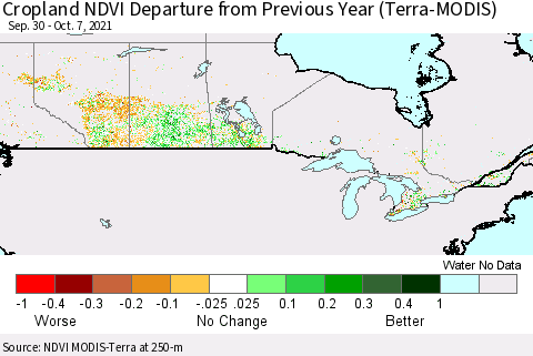 Canada Cropland NDVI Departure from Previous Year (Terra-MODIS) Thematic Map For 9/30/2021 - 10/7/2021