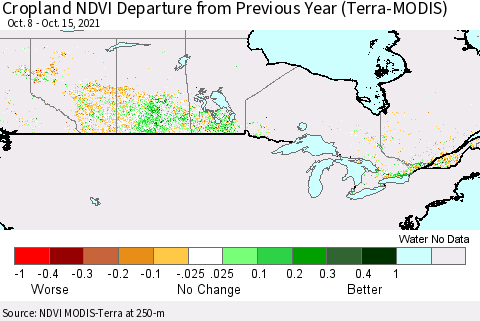 Canada Cropland NDVI Departure from Previous Year (Terra-MODIS) Thematic Map For 10/8/2021 - 10/15/2021