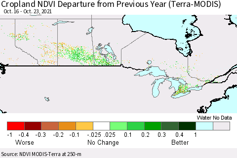 Canada Cropland NDVI Departure from Previous Year (Terra-MODIS) Thematic Map For 10/16/2021 - 10/23/2021