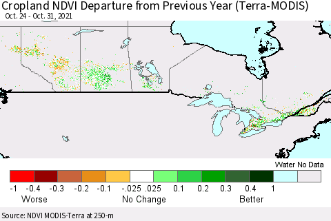 Canada Cropland NDVI Departure from Previous Year (Terra-MODIS) Thematic Map For 10/24/2021 - 10/31/2021