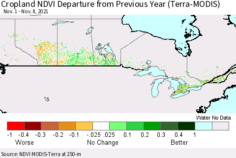 Canada Cropland NDVI Departure from Previous Year (Terra-MODIS) Thematic Map For 11/1/2021 - 11/8/2021