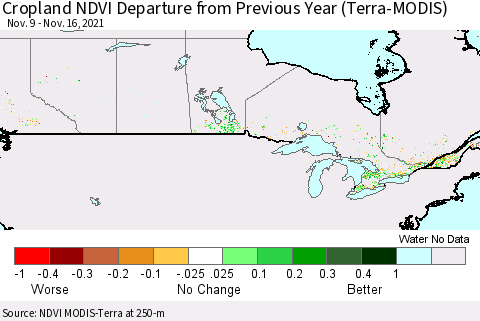 Canada Cropland NDVI Departure from Previous Year (Terra-MODIS) Thematic Map For 11/9/2021 - 11/16/2021