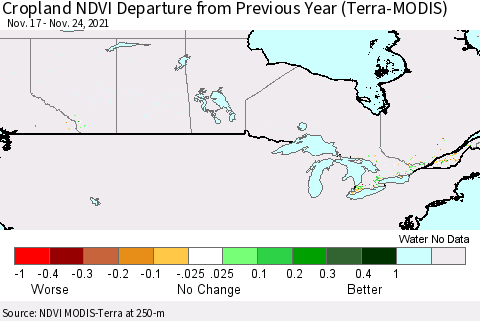 Canada Cropland NDVI Departure from Previous Year (Terra-MODIS) Thematic Map For 11/17/2021 - 11/24/2021